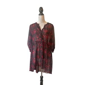 Cato Floral Print Tunic Top‎ Blouse Button Front High Low Hem XL